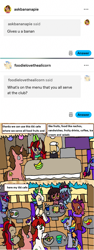 Size: 1173x3131 | Tagged: safe, artist:ask-luciavampire, oc, oc only, oc:banana pie, bat pony, earth pony, pony, undead, unicorn, vampire, werewolf, ask, cafe, food, tumblr, tumblr:ask-night-and-day-club