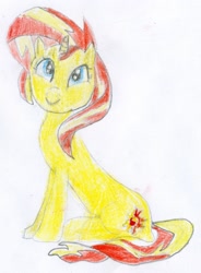 Size: 1454x1972 | Tagged: safe, artist:dounet361, sunset shimmer, pony, unicorn, equestria girls 10th anniversary, equestria girls, g4, colored pencil drawing, cute, sitting, smiling, solo, traditional art