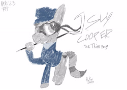 Size: 3508x2480 | Tagged: safe, artist:ace play, earth pony, pony, atg 2023, clothes, hat, high res, hoof hold, male, mask, newbie artist training grounds, ponified, simple background, sketch, sly, sly cooper, sly raccoon, solo, staff, stallion, white background