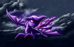 Size: 1750x1108 | Tagged: safe, artist:jamescorck, oc, oc only, bat pony, pony, cloud, female, flying, mare, night, sky, solo, stars