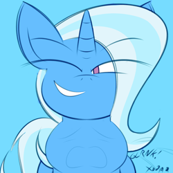 Size: 2000x2000 | Tagged: safe, artist:xodisvorebin, trixie, pony, unicorn, g4, blue background, cyan background, face imprint, female, high res, simple background, swallowing, throat bulge, trixie predamoon, vore