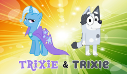 Size: 1852x1082 | Tagged: safe, artist:platinumshrineart, trixie, dog, pony, unicorn, semi-anthro, g4, australian cattle dog, bluey, crossover, female, mare, namesake, pun, trixie heeler, visual pun, wallpaper