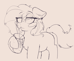 Size: 3445x2874 | Tagged: safe, artist:zzzsleepy, oc, oc:chanter, ghost, ghost pony, pony, blush sticker, blushing, chest fluff, drink, drinking straw, ear piercing, earring, female, floppy ears, high res, jewelry, mare, mlem, monochrome, no pupils, piercing, silly, simple background, sketch, solo, tongue out