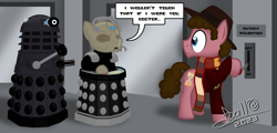 Size: 3264x1573 | Tagged: safe, artist:tidmouthmilk12, doctor whooves, time turner, earth pony, pony, g4, atg 2023, cardigan, clothes, crossover, dalek, davros, doctor who, fedora, fourth doctor, fourth doctor's scarf, leather, life support, newbie artist training grounds, prosthetic eye, prosthetics, safari jacket, scarf, striped scarf, trio