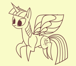 Size: 1113x969 | Tagged: safe, artist:shysty, derpibooru exclusive, twilight sparkle, alicorn, pony, g4, animated, backwards cutie mark, concave belly, female, flapping wings, flying, gif, haycartes' method, mare, monochrome, paper twilight, smiling, solo, spread wings, stylized, twilight sparkle (alicorn), wings