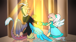 Size: 2966x1666 | Tagged: safe, artist:yuris, discord, fluttershy, pegasus, pony, g4, bipedal, clothes, dancing, dress, duo, female, high res, male, open mouth, ship:discoshy, shipping, signature, sketch, spread wings, straight, suit, wings, youtube link