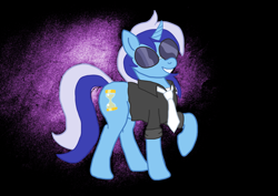 Size: 3437x2436 | Tagged: safe, artist:jesterofdestiny, minuette, pony, unicorn, g4, abstract background, clothes, clothes swap, digitally colored, high res, implied neon lights, necktie, raised hoof, smiling, solo, sunglasses, traditional art