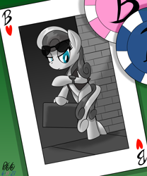 Size: 2500x3000 | Tagged: safe, artist:notadeliciouspotato, bon bon, sweetie drops, earth pony, pony, g4, atg 2023, bipedal, briefcase, female, gradient background, high res, mare, newbie artist training grounds, playing card, poker chips, secret agent sweetie drops, solo, watch