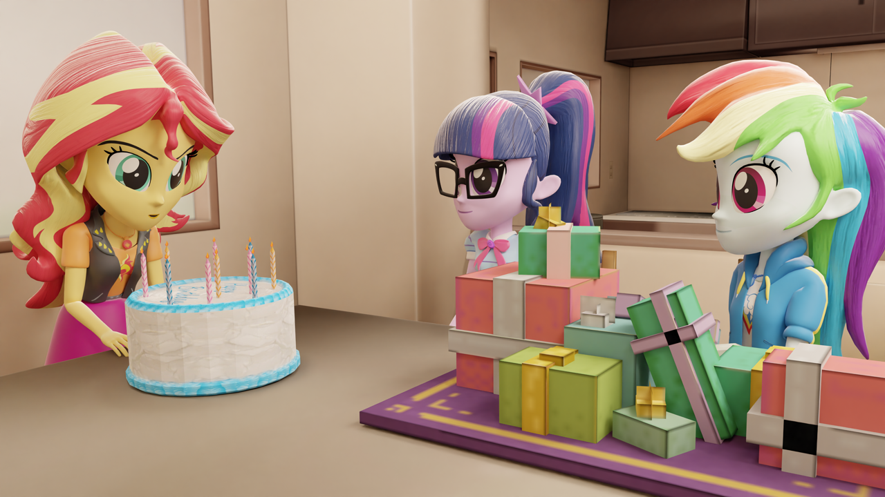 3141567 - safe, artist:northern haste, rainbow dash, sci-twi, sunset  shimmer, twilight sparkle, human, equestria girls 10th anniversary,  equestria girls, g4, 3d, 4k, birthday, birthday cake, birthday present,  blender, cake, food, high res