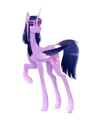 Size: 812x984 | Tagged: safe, artist:kit-sie, twilight sparkle, alicorn, pony, g4, alternate hairstyle, coat markings, colored wings, constellation, curved horn, ear fluff, female, gradient mane, gradient tail, hooves, horn, long legs, looking forward, loose hair, mare, raised hoof, redesign, signature, simple background, slender, solo, standing, starry wings, sternocleidomastoid, tail, tall, thin, transparent background, turned head, twilight sparkle (alicorn), two toned wings, wings