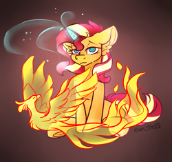 Size: 2153x2024 | Tagged: safe, artist:yuris, sunset shimmer, phoenix, pony, unicorn, g4, fiery shimmer, fire, frog (hoof), high res, magic, simple background, sitting, sketch, smiling, solo, underhoof