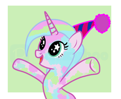 Size: 5920x4832 | Tagged: safe, artist:milkyboo898, oc, oc only, oc:fresh paint, pony, unicorn, g5, spoiler:g5, birthday, happy birthday, hat, hooves in air, party hat, pi, solo, starry eyes, wingding eyes
