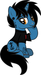 Size: 754x1375 | Tagged: safe, artist:lightningbolt, derpibooru exclusive, pony, unicorn, g4, .svg available, clothes, ear piercing, frank iero, gauges, horn, horn piercing, lidded eyes, lip piercing, looking at you, male, my chemical romance, nose piercing, piercing, ponified, raised hoof, shirt, show accurate, simple background, sitting, solo, stallion, svg, t-shirt, tattoo, transparent background, vector