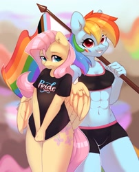 Size: 1657x2048 | Tagged: safe, artist:alphadesu, fluttershy, rainbow dash, pegasus, anthro, g4, abs, belly, bottomless, breasts, cleavage, clothes, duo, female, flag, lesbian, looking at you, pansexual pride flag, partial nudity, pride, pride flag, pride month, sexy, ship:flutterdash, shipping, shirt, smiling, smolshy, tallerdash, trans fluttershy, transgender, transgender pride flag
