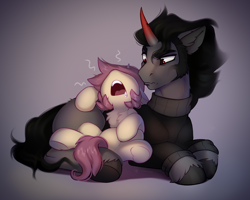 Size: 2868x2300 | Tagged: safe, artist:taneysha, king sombra, oc, oc:lavrushka, pony, unicorn, g4, canon x oc, clothes, drool, duo, female, high res, male, mare, open mouth, simple background, sleeping, snoring, stallion, sweater