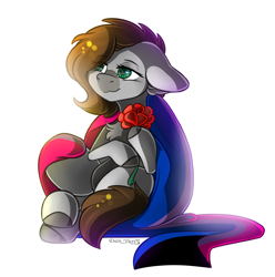 Size: 2060x2080 | Tagged: safe, artist:yuris, oc, oc only, oc:cj vampire, earth pony, pony, ambiguous gender, commission, demibisexual, flag, floppy ears, high res, lgbt, pride, pride flag, pride month, simple background, sitting, smiling, solo, spread wings, white background, wings, ych result