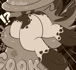 Size: 899x827 | Tagged: safe, artist:llametsul, oc, oc only, oc:creme cookie, pony, butt, buttstuck, monochrome, newbie artist training grounds, plot, signature, solo, stuck