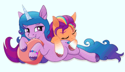 Size: 1087x627 | Tagged: safe, artist:szafir87, izzy moonbow, sunny starscout, earth pony, pony, unicorn, g5, animated, belly, bellyrubs, bracelet, butt pillow, cute, duo, eyes closed, female, friendship bracelet, gif, heart, izzybetes, jewelry, lesbian, lying down, mane stripe sunny, mare, on side, pillow, round belly, ship:moonscout, shipping, simple background, smiling, sunnybetes, unshorn fetlocks