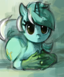 Size: 1091x1307 | Tagged: artist needed, safe, lyra heartstrings, pony, unicorn, g4, artificial hands, drawthread, female, hand, looking at you, lying down, mare, prone, reaction image, solo, thinking, wide eyes