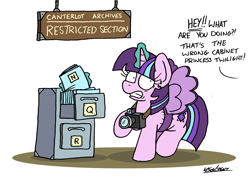Size: 2328x1639 | Tagged: safe, artist:bobthedalek, starlight glimmer, pony, unicorn, g4, alternate hairstyle, atg 2023, camera, canterlot archives, caught, disguise, fake wings, female, file, file cabinet, glowing, glowing horn, gritted teeth, horn, mare, nervous sweat, newbie artist training grounds, not twilight sparkle, offscreen character, paper-thin disguise, sign, solo, starlight sparkle, sweat, sweatdrops, teeth