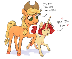 Size: 1024x846 | Tagged: safe, artist:leechetious, applejack, oc, oc:manza, earth pony, pony, unicorn, g4, duo, eyes closed, female, mare, simple background, speech bubble, transparent background