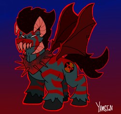 Size: 960x900 | Tagged: safe, artist:yamston, oc, oc only, oc:jun, demon, demon pony, pony, fanfic:living the dream, antagonist, collar, gradient background, horns, horse collar, male, male oc, membranous wings, muscles, pentagram, red stripes, sharp teeth, solo, spiked collar, stallion, stripes, teeth, wings