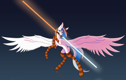 Size: 3858x2448 | Tagged: artist needed, source needed, safe, oc, oc only, oc:zephyr, pegasus, pony, beat saber, gradient background, high res, mouth hold, pegasus oc, rearing, saber, socks, solo, striped socks, virtual reality