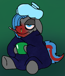 Size: 467x552 | Tagged: safe, artist:yamston, oc, oc only, oc:mark greenfield, pony, fanfic:living the dream, 2022, blanket, blue mane, cup, gradient background, gray coat, green background, red nosed, sick, sitting, snot, solo, thermometer