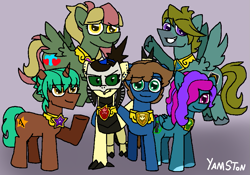 Size: 971x680 | Tagged: safe, artist:yamston, oc, oc only, oc:dude(ltd), oc:flippy dew, oc:nightstreak(ltd), oc:roxxy bleak, oc:shayla beltosh, oc:summer breeze(ltd), hybrid, pegasus, pony, unicorn, fanfic:living the dream, blue coat, brown coat, brown mane, ear piercing, element of generosity, element of honesty, element of kindness, element of laughter, element of loyalty, element of magic, elements of harmony, female, gray background, green eyes, group, group photo, horn, hug, hybrid oc, male, mare, parent:derpy hooves, parent:fluttershy, parent:oc:adry, parent:oc:cody benson, parent:oc:darkest bleak, parent:oc:greg campbell, parent:oc:jeromino, parent:oc:mallogory beltosh, parent:oc:scamp, parent:pinkie pie, pegasus oc, phantasm troupe, piercing, ponytail, simple background, stallion, tail, two toned mane, unicorn oc