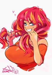 Size: 1400x2000 | Tagged: safe, artist:sozglitch, sunset shimmer, human, g4, bare shoulders, big breasts, breasts, busty sunset shimmer, female, floating heart, grin, hair pulling, heart, huge breasts, humanized, looking at you, nail polish, signature, simple background, smiling, smiling at you, solo, white background