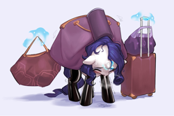 Size: 1721x1140 | Tagged: safe, artist:luciferamon, edit, editor:shepardinthesky, rarity, pony, unicorn, g4, /mlp/ latex requests, bags, blushing, clothes, female, floppy ears, gloves, latex, latex gloves, latex stockings, levitation, long gloves, luggage, magic, makeup, mare, messy mane, shivering, simple background, socks, solo, stockings, straining, sweat, telekinesis, thigh highs, white background
