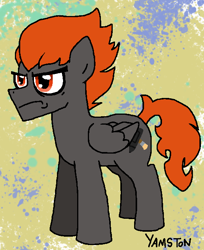 Size: 534x656 | Tagged: safe, artist:yamston, oc, oc only, oc:domitor, pegasus, pony, fanfic:living the dream, gray coat, grumpy, orange eyes, orange mane, pegasus oc, solo, tail, wings