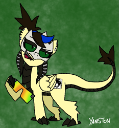 Size: 709x762 | Tagged: safe, artist:yamston, oc, oc only, oc:shayla beltosh, hybrid, pony, fanfic:living the dream, 2022, brown mane, cocky, ear piercing, faceplate, glasses, green background, green eyes, grin, highlights, hybrid oc, magical lesbian spawn, offspring, parent:oc:mallogory beltosh, parent:oc:scamp, piercing, ponytail, smiling, solo, telija, wings, yellow coat