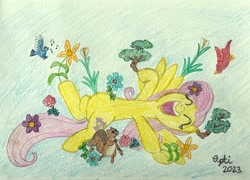 Size: 3805x2741 | Tagged: safe, artist:opti, fluttershy, bird, pegasus, pony, squirrel, g4, ^^, atg 2023, eyes closed, flower, high res, laughing, newbie artist training grounds, open mouth, open smile, smiling, solo, tickling, traditional art, tree