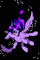 Size: 1181x1748 | Tagged: safe, artist:stacy_165cut, twilight sparkle, alicorn, pony, g4, black background, ears back, flying, looking back, simple background, solo, sparkles, spread wings, twilight sparkle (alicorn), wings
