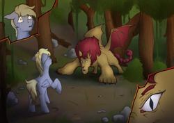 Size: 842x595 | Tagged: safe, artist:dvfrost, derpy hooves, manny roar, manticore, pegasus, pony, g4, bush, claws, comic, commission, crying, dirt, duo, ears back, fangs, fear, female, floppy ears, folded wings, forest, grass, imminent abuse, imminent violence, looking at each other, looking at someone, mare, mare prey, open mouth, outdoors, predator vs prey, rage, raised hoof, rock, scared, spread wings, stare, tears of fear, this will not end well, tree, wings