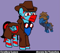 Size: 589x524 | Tagged: safe, artist:yamston, oc, oc:lance greenfield, oc:scamp, pegasus, pony, zebra, zebrasus, fanfic:living the dream, 2022, black mane, blue coat, brown mane, cowboy hat, duo, female, goggles, hat, male, mare, parent:oc:adry, parent:oc:darkest bleak, purple eyes, red eyes, simple background, slit pupils, stallion, zebra oc