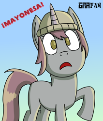 Size: 1505x1763 | Tagged: safe, artist:gradiusfanatic, mint grove, pony, unicorn, g5, my little pony: a new generation, background pony, beanie, bing bong, draw this in your style, female, food, gradient background, hat, mayonnaise, open mouth, sauce, solo