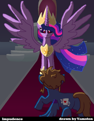 Size: 630x807 | Tagged: safe, artist:yamston, twilight sparkle, oc, oc:scamp, alicorn, pegasus, pony, fanfic:living the dream, g4, the last problem, 2022, brown mane, bruised, butt, crown, duo, fight, glowing, glowing eyes, jewelry, older, older twilight, older twilight sparkle (alicorn), ominous, parent:oc:adry, parent:oc:darkest bleak, plot, princess twilight 2.0, purple coat, queen twilight, regalia, throne room, twilight sparkle (alicorn)