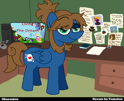 Size: 939x766 | Tagged: safe, artist:yamston, oc, oc only, oc:scamp, pegasus, pony, fanfic:living the dream, 2022, blue coat, brown mane, computer, eyebrows, female, green eyes, mare, parent:oc:adry, parent:oc:darkest bleak, raised eyebrow, room, solo, tail