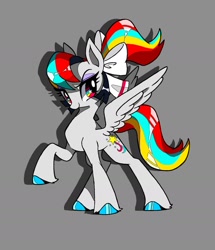 Size: 1500x1748 | Tagged: safe, artist:stacy_165cut, oc, oc only, pony, bow, gray background, hair bow, looking at you, raised hoof, simple background, smiling, solo, spread wings, unshorn fetlocks, wings
