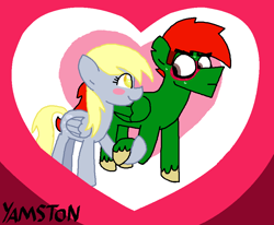 Size: 918x755 | Tagged: safe, artist:yamston, derpy hooves, oc, oc:cody benson, pegasus, pony, fanfic:living the dream, g4, 2022, blonde, blushing, canon x oc, cute, duo, female, green coat, heart, holding hooves, male, mare, red mane, shipping, stallion, wings, yellow eyes