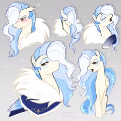 Size: 2500x2500 | Tagged: safe, artist:syrupyyy, oc, oc only, oc:florid frost, pegasus, pony, blushing, bust, cloak, clothes, eyes closed, eyeshadow, floppy ears, gradient background, hair over one eye, high res, lidded eyes, makeup, male, male oc, open mouth, solo, stallion