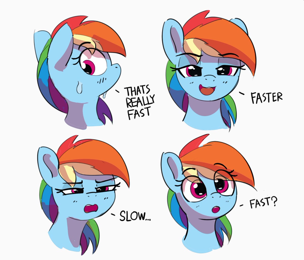 [bust,dialogue,expressions,eyebrows,female,gotta go fast,mare,open mouth,pegasus,pony,rainbow dash,safe,simple background,solo,sweat,sweatdrop,white background,eye clipping through hair,lidded eyes,smiling,artist:pabbley,eyebrows visible through hair,narrowed eyes,open smile]
