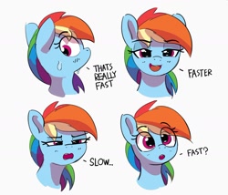 Size: 1692x1447 | Tagged: safe, artist:pabbley, rainbow dash, pegasus, pony, g4, bust, dialogue, expressions, eye clipping through hair, eyebrows, eyebrows visible through hair, female, gotta go fast, lidded eyes, mare, narrowed eyes, open mouth, open smile, simple background, smiling, solo, sweat, sweatdrop, white background