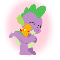 Size: 1400x1400 | Tagged: safe, artist:mlplary6, peewee, spike, dragon, phoenix, g4, animal, baby, carrying, cute, duo, eyes closed, friends, hug, male, peeweebetes, smiling, spikabetes
