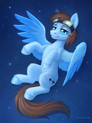 Size: 1500x2000 | Tagged: safe, artist:scheadar, oc, oc only, oc:cloud hop, pegasus, pony, colored wings, eyebrows, goggles, goggles on head, looking at you, male, male oc, pegasus oc, raised eyebrow, signature, solo, spread wings, two toned wings, unshorn fetlocks, wings