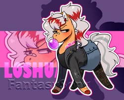 Size: 2048x1653 | Tagged: safe, artist:song_fantasy, oc, oc:los hua, pony, bubblegum, clothes, ear piercing, female, food, gum, jacket, leather, leather jacket, mare, piercing, skirt, solo