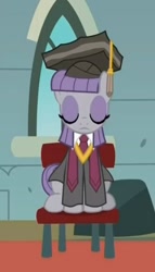 Size: 426x743 | Tagged: safe, screencap, maud pie, earth pony, pony, g4, rock solid friendship, chair, clothes, college, eyes closed, female, graduation, graduation cap, hat, mare, maud pie's tie, necktie, robe, rocktorate, sitting, solo, stage