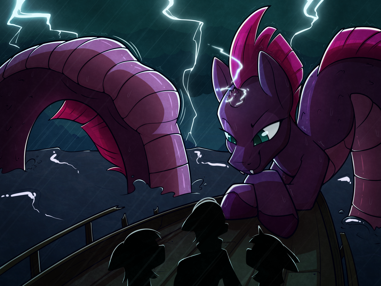 [broken horn,electricity,fangs,female,horn,lamia,lightning,macro,ocean,pony,rain,safe,sea serpent,ship,silhouette,sinking,species swap,storm,tail,thunderstorm,unicorn,vore,water,wet,solo focus,kitchen eyes,abdominal bulge,original species,artist:suspega,tail bulge,smiling,crossed hooves,emanata,artist:change,tempest shadow,female pred,looking at someone,tempred]